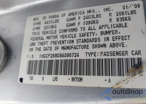 2009 Honda Accord 2.4 Ex-L z USA, uszkodzony, nr VIN 1HGCP26809A096724